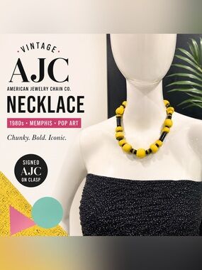 Vintage AJC American Jewelry Chain Co Necklace Chunky Yellow Black 80s Memphis